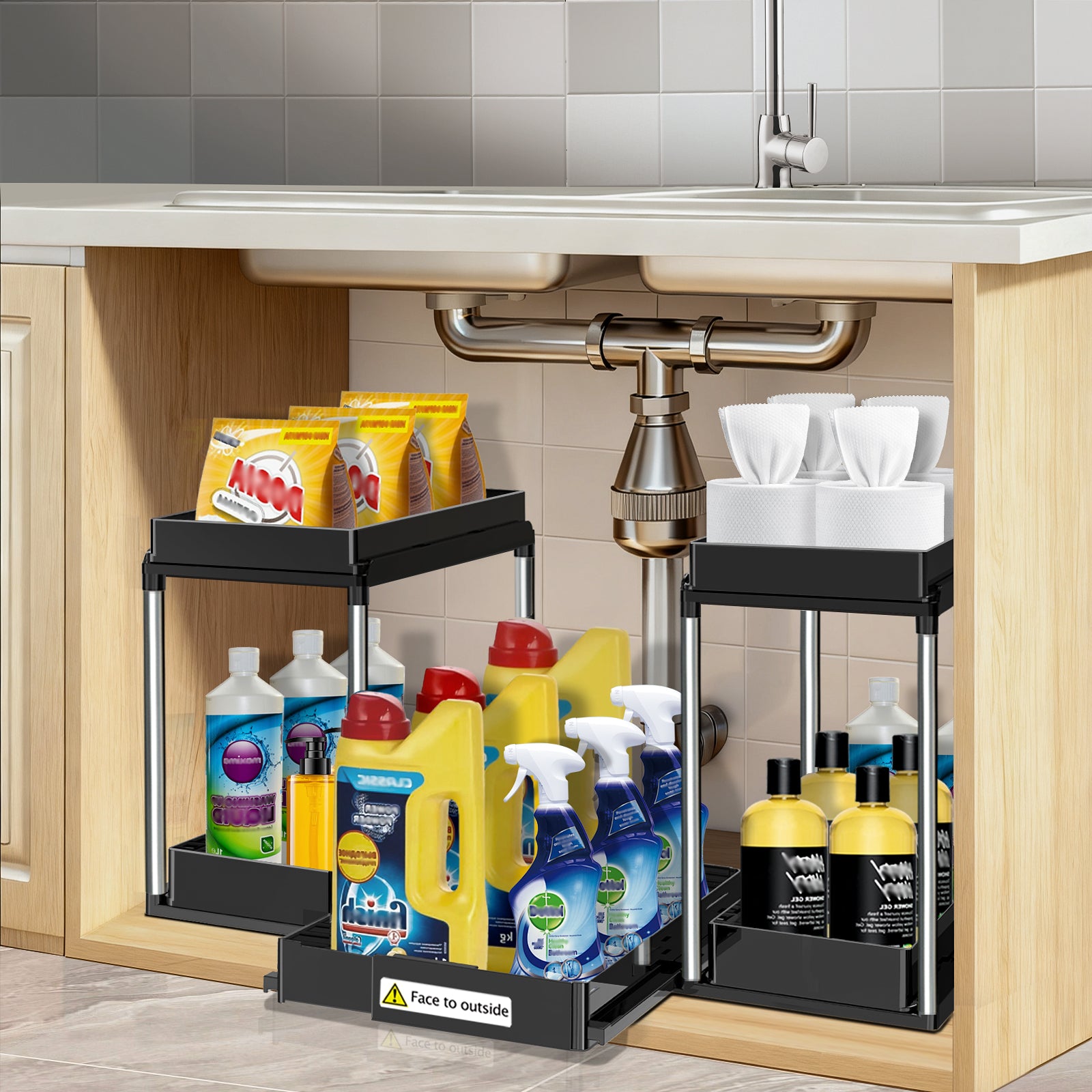 Under sink organizer holding cleaning products and bottles in two tiers