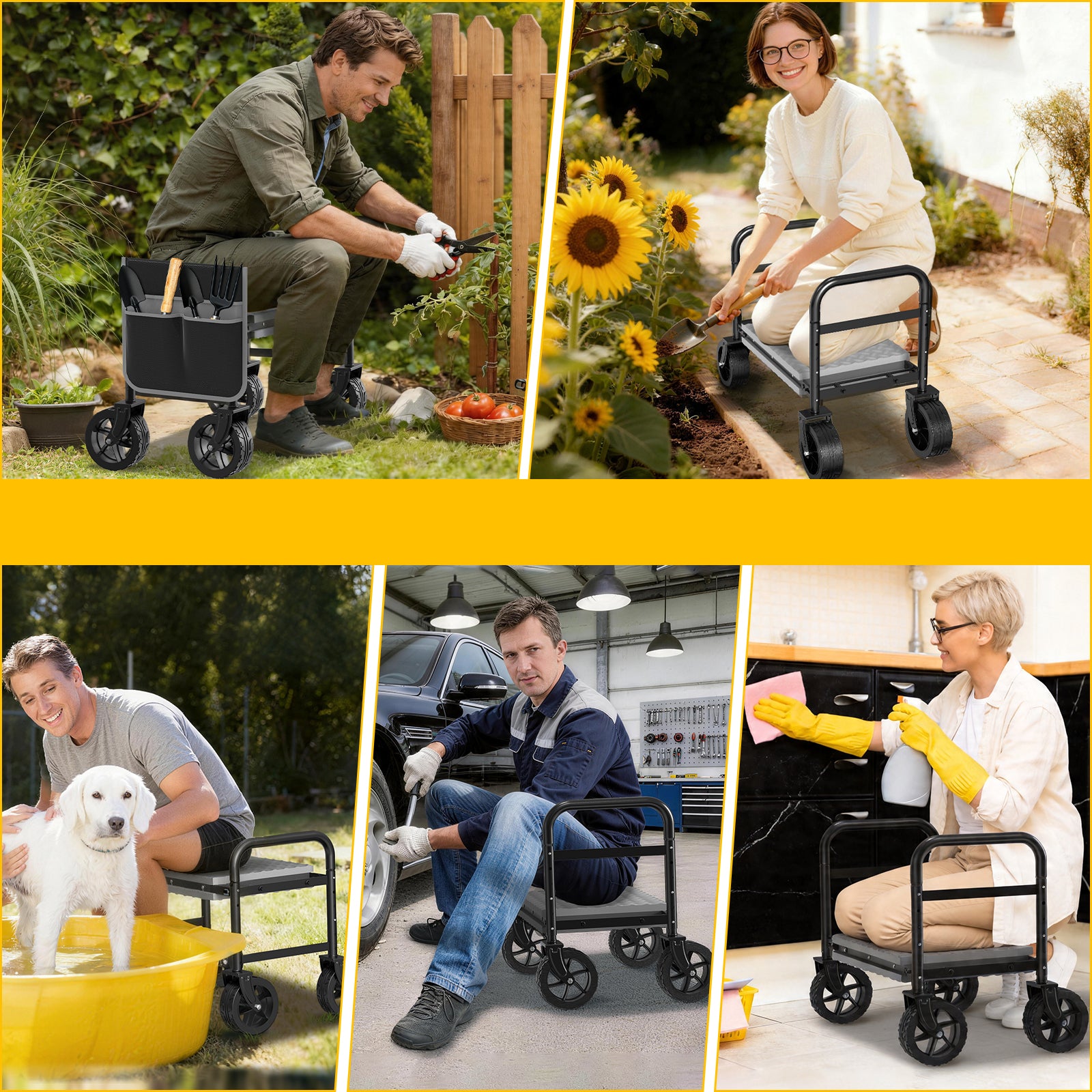 Black foldable garden kneeler and seat with wheels stored compactly