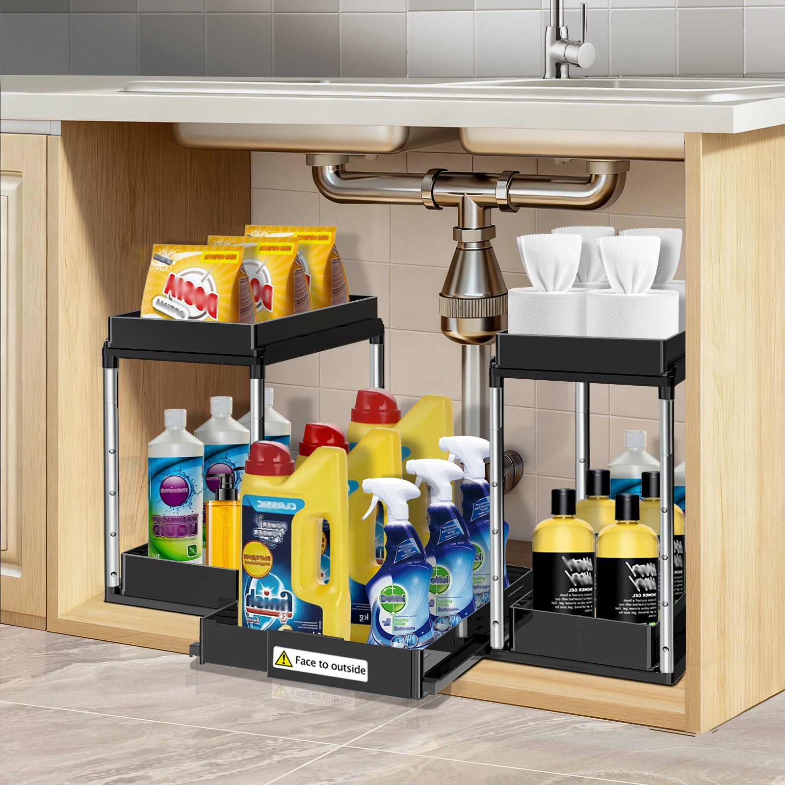 Adjustable width under sink storage shelves with pull-out tray.