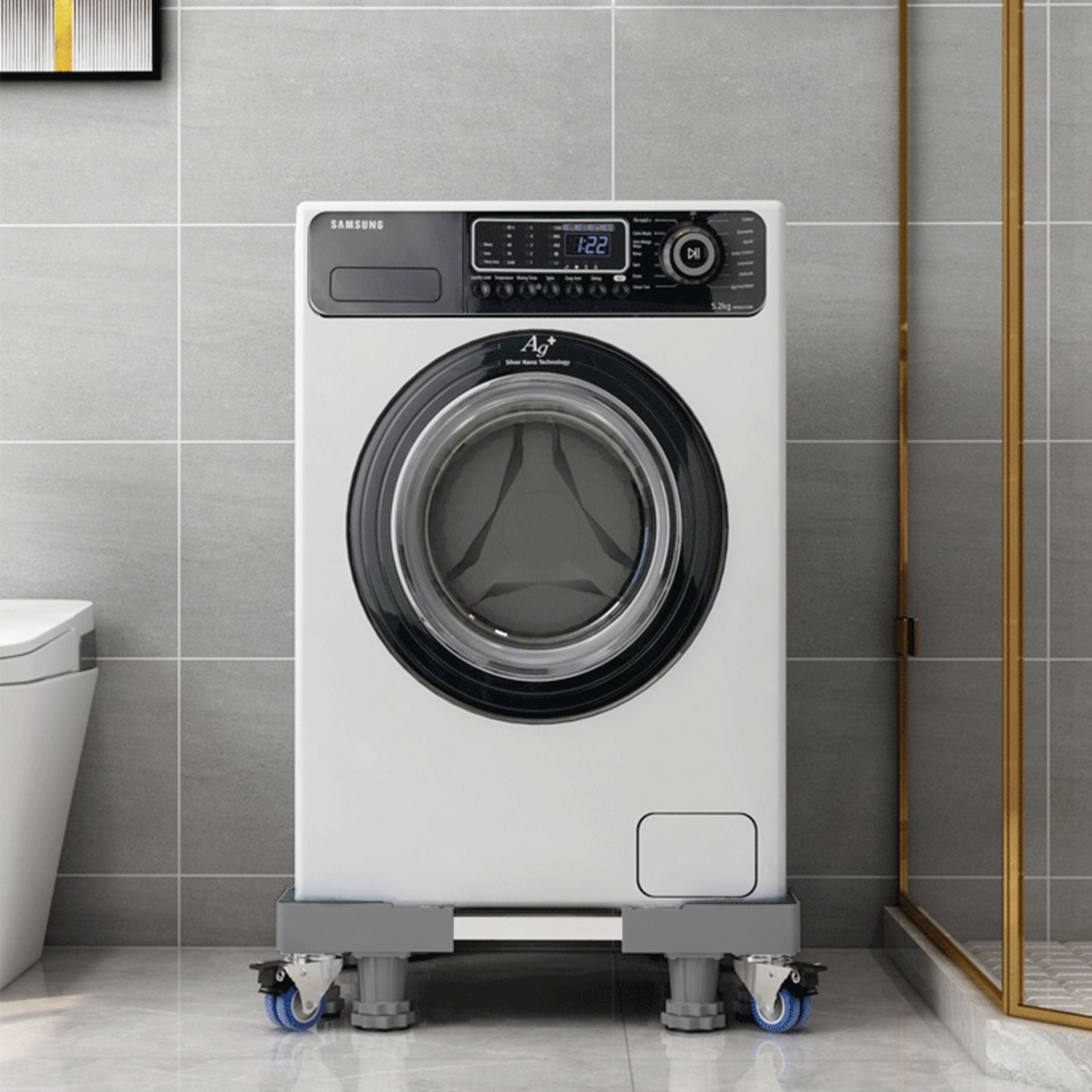 Non-slip and shock absorbing pads on washing machine base feet