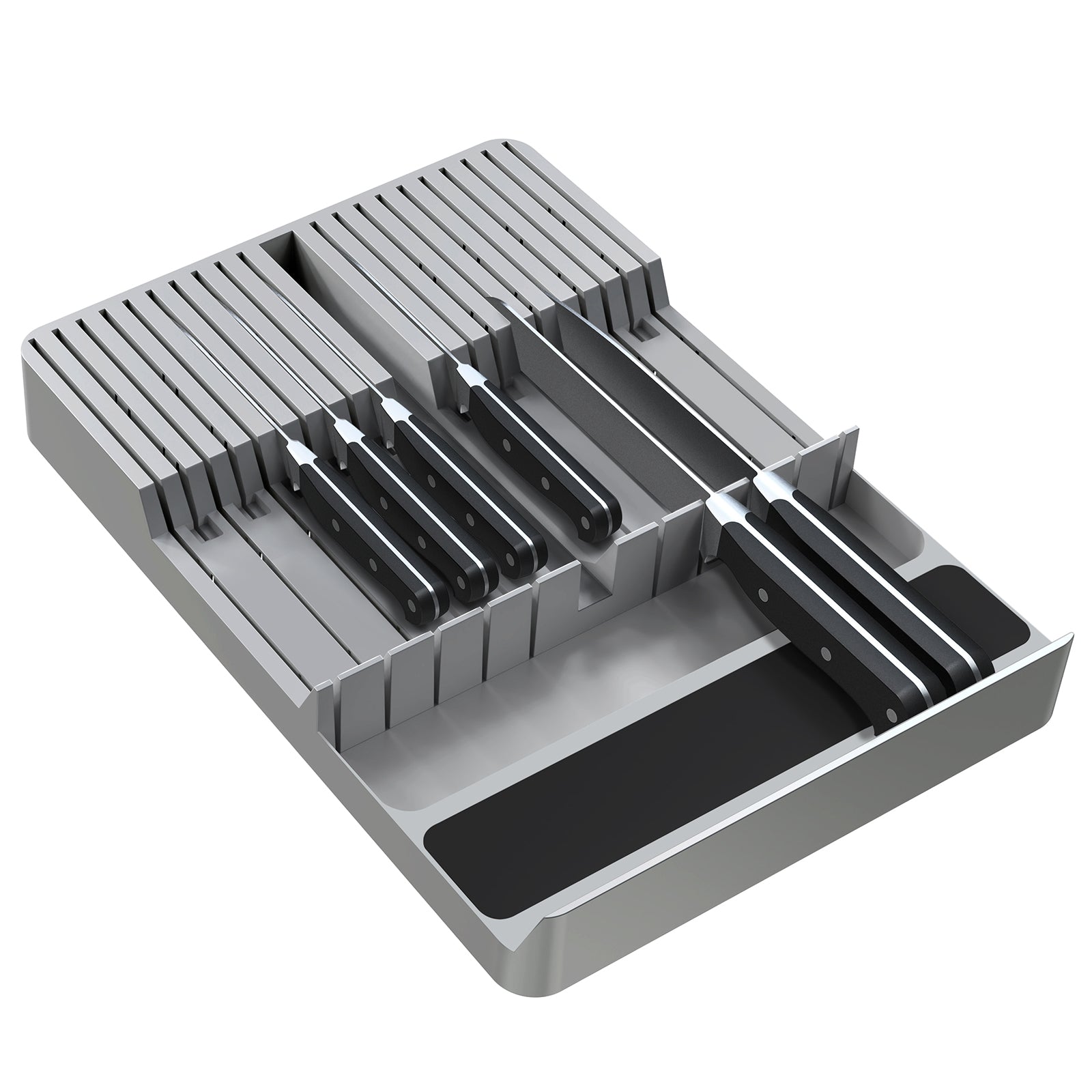 Drawer knife block with 20 slots for knives, gray and wood finish