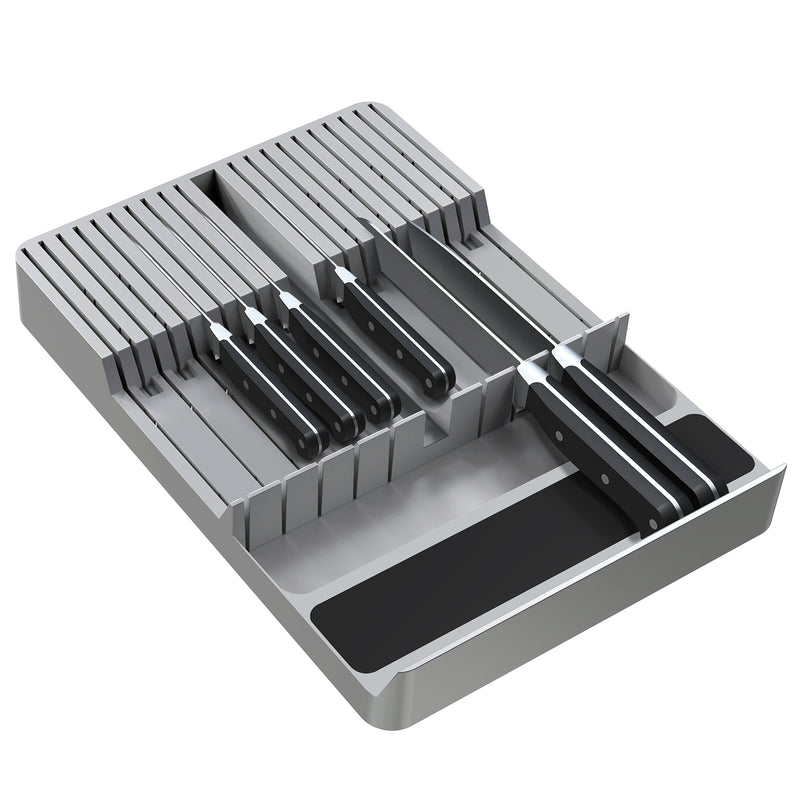 Drawer knife block with 20 slots for knives, gray and wood finish