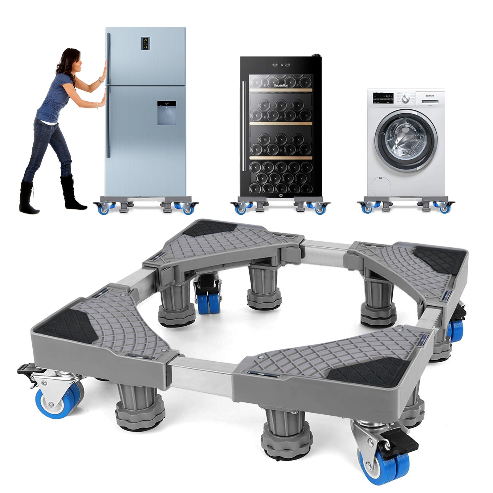 Refrigerator placed on the same adjustable base with wheels and feet.
