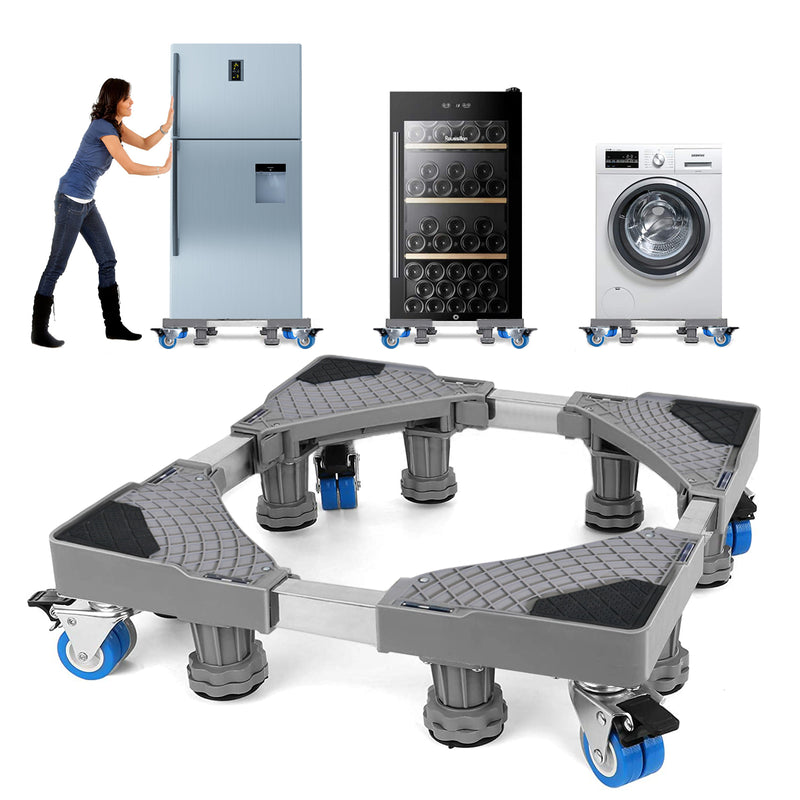 Refrigerator placed on the same adjustable base with wheels and feet.