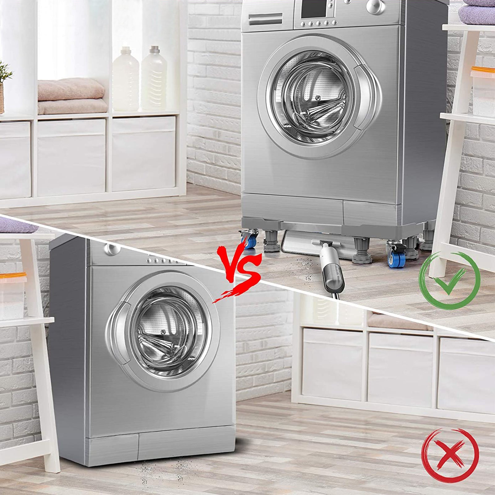 Adjustable washing machine base with stainless steel feet and wheels, 42-66 cm length.