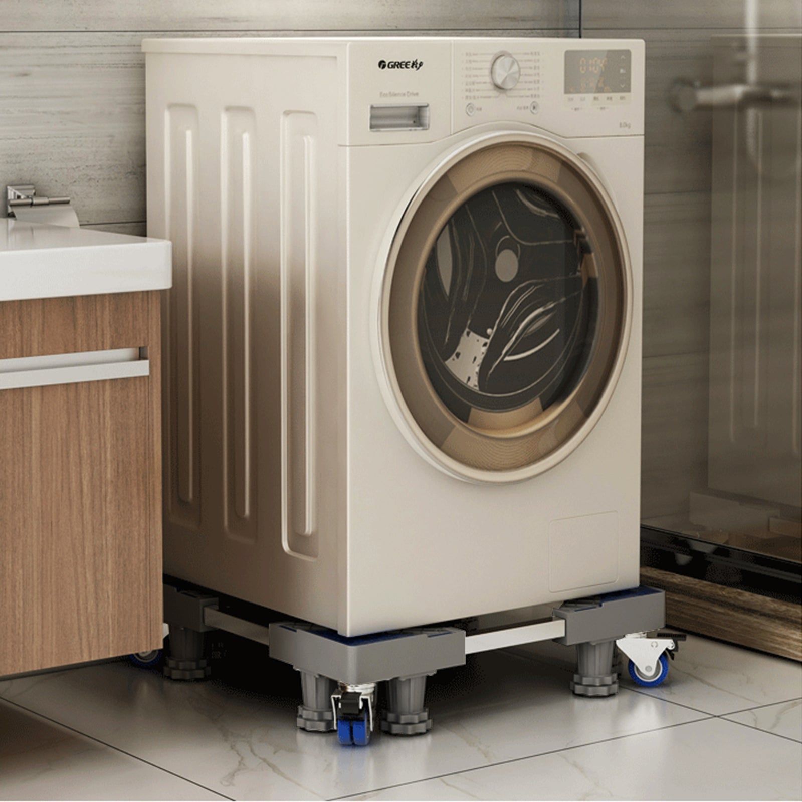 Four smooth-rolling wheels on the washing machine base for easy moving.